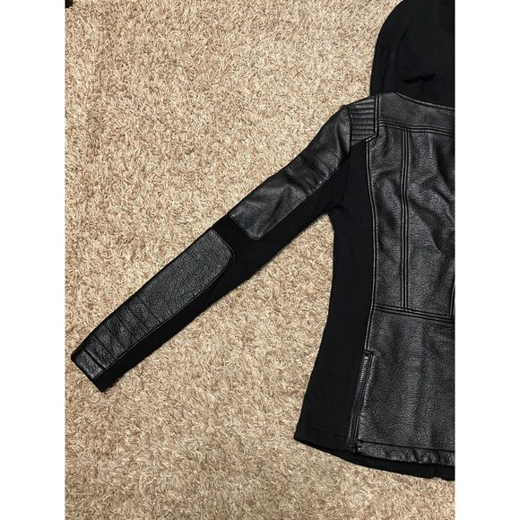 Blanc Noir Women's Asymetric Hooded Moto Jacket Faux Leather Black Size S - Picture 10 of 14
